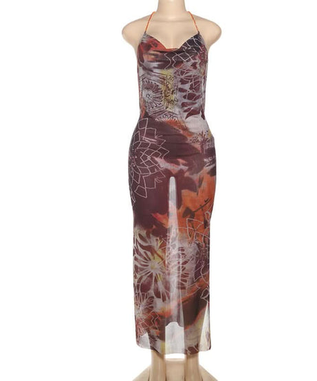 Effortless Chic Boho Print Cowl Neck Halter Maxi Dress with Slit - Fall Hues & Delicate Chain Detail