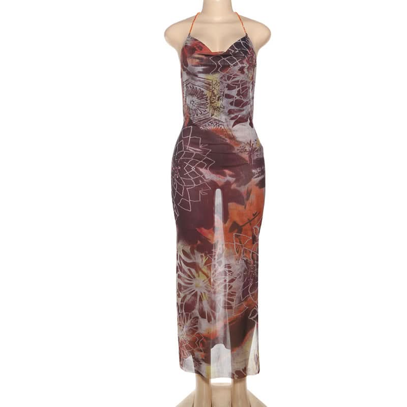Effortless Chic Boho Print Cowl Neck Halter Maxi Dress with Slit - Fall Hues & Delicate Chain Detail