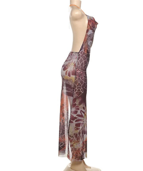 Effortless Chic Boho Print Cowl Neck Halter Maxi Dress with Slit - Fall Hues & Delicate Chain Detail