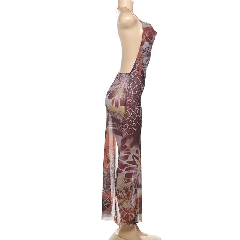 Effortless Chic Boho Print Cowl Neck Halter Maxi Dress with Slit - Fall Hues & Delicate Chain Detail