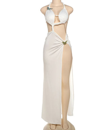 Glamorous White Butterfly Halter Cutout Maxi Dress | High Slit Resort & Holiday Gown
