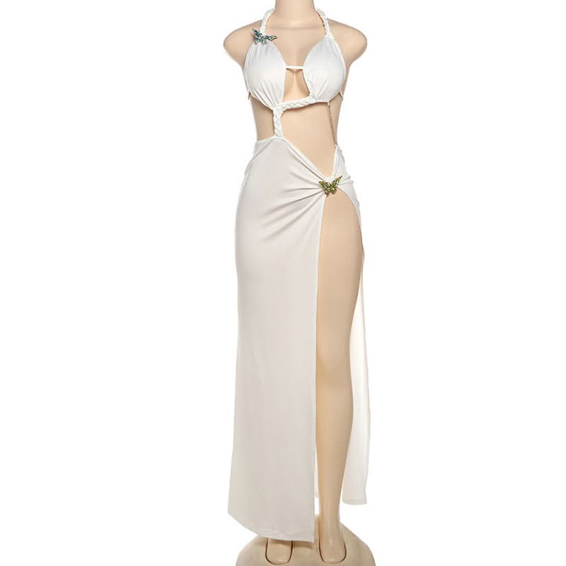 Glamorous White Butterfly Halter Cutout Maxi Dress | High Slit Resort & Holiday Gown