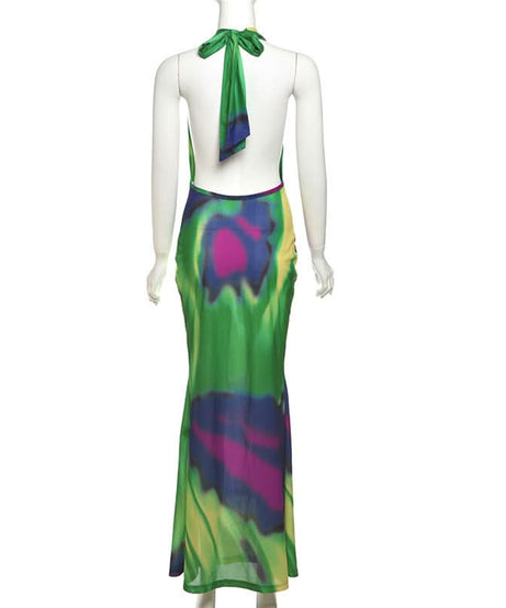 Vibrant Abstract Halter Cowl Neck Maxi Dress - Chic Self-Tie Gown for Resort & Fall Getaways