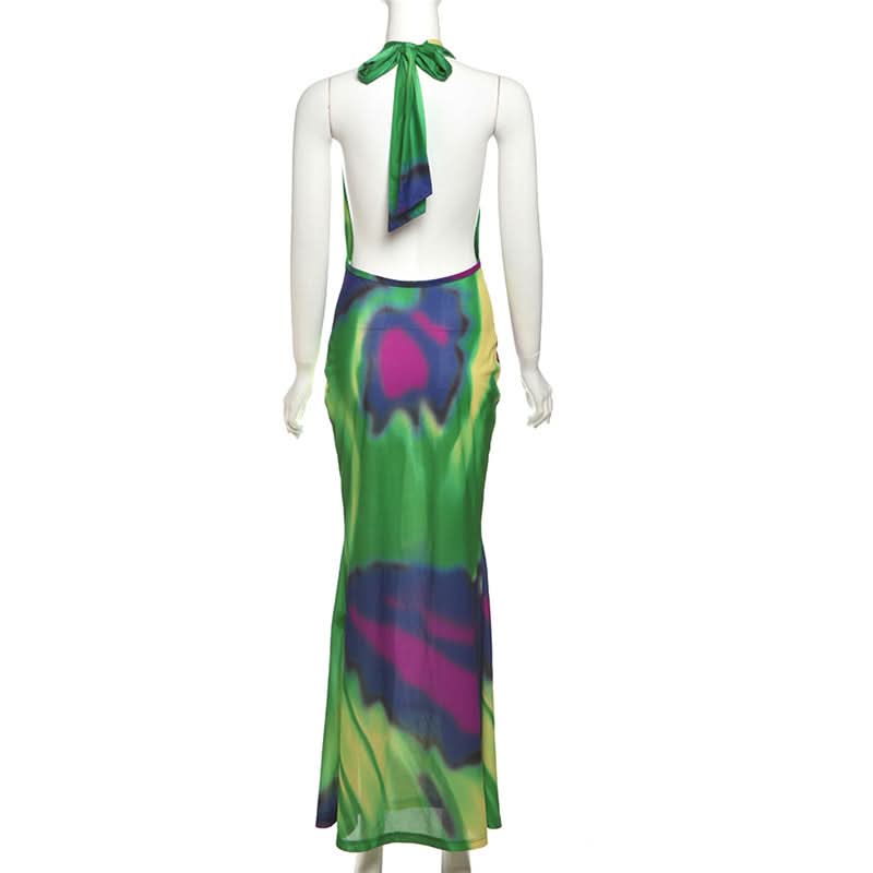 Vibrant Abstract Halter Cowl Neck Maxi Dress - Chic Self-Tie Gown for Resort & Fall Getaways