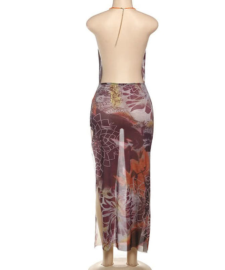 Effortless Chic Boho Print Cowl Neck Halter Maxi Dress with Slit - Fall Hues & Delicate Chain Detail
