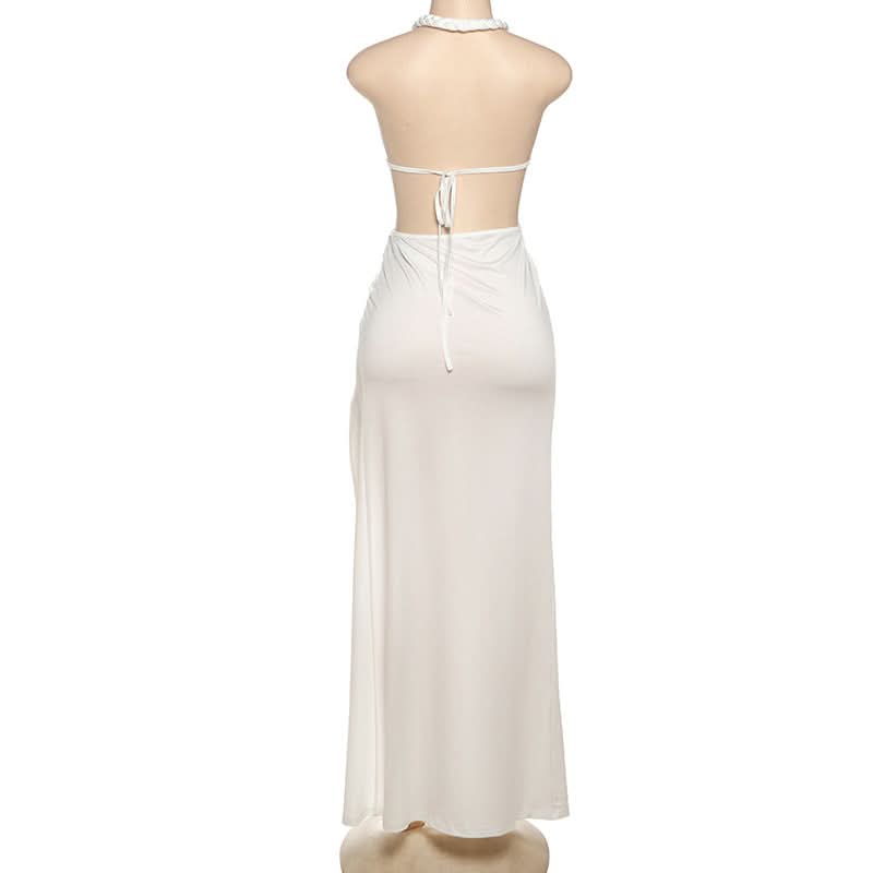 Glamorous White Butterfly Halter Cutout Maxi Dress | High Slit Resort & Holiday Gown