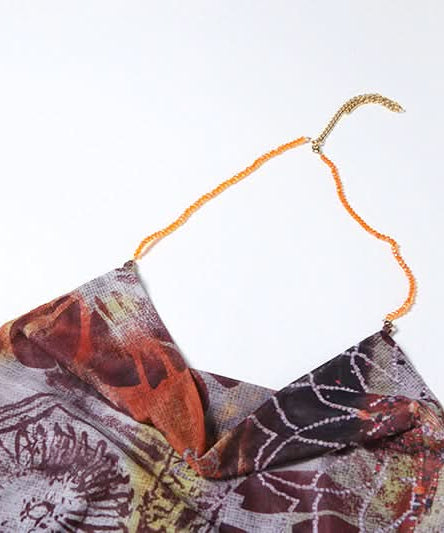 Effortless Chic Boho Print Cowl Neck Halter Maxi Dress with Slit - Fall Hues & Delicate Chain Detail