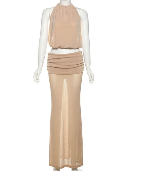 Holiday Escape: Chic Nude Halter Ruched Crop Top & Sheer Maxi Skirt Set