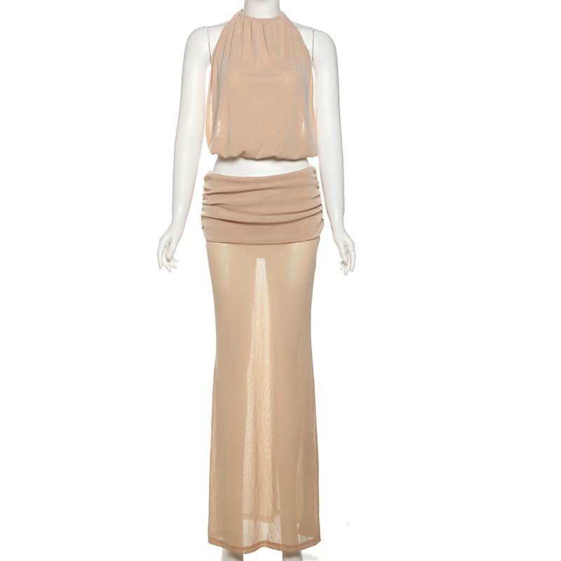 Holiday Escape: Chic Nude Halter Ruched Crop Top & Sheer Maxi Skirt Set
