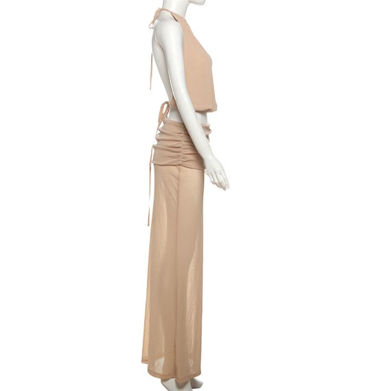 Holiday Escape: Chic Nude Halter Ruched Crop Top & Sheer Maxi Skirt Set