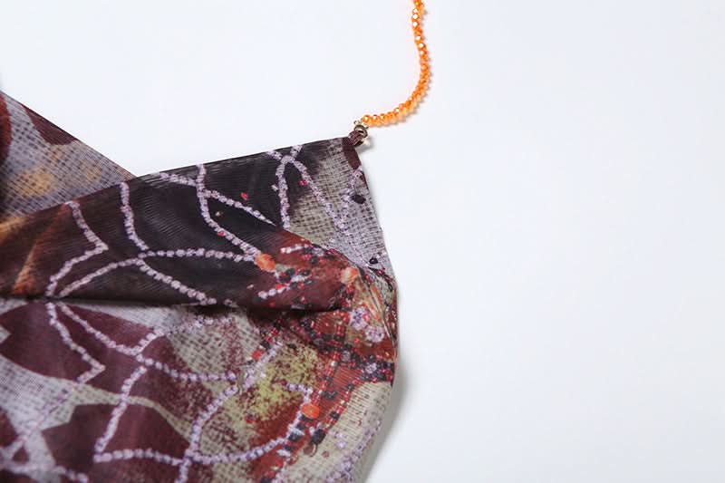 Effortless Chic Boho Print Cowl Neck Halter Maxi Dress with Slit - Fall Hues & Delicate Chain Detail