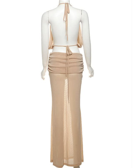 Holiday Escape: Chic Nude Halter Ruched Crop Top & Sheer Maxi Skirt Set