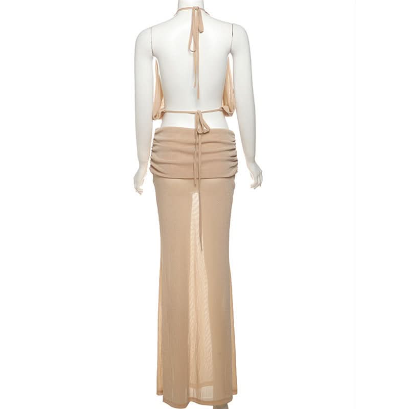 Holiday Escape: Chic Nude Halter Ruched Crop Top & Sheer Maxi Skirt Set