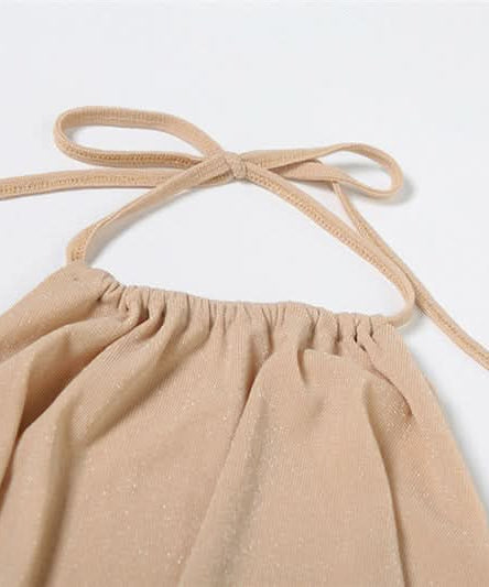 Holiday Escape: Chic Nude Halter Ruched Crop Top & Sheer Maxi Skirt Set