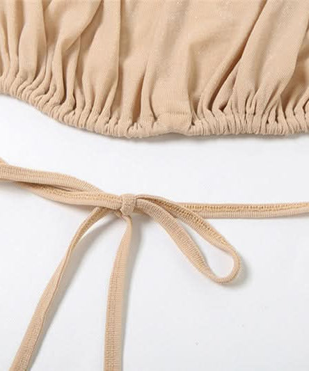 Holiday Escape: Chic Nude Halter Ruched Crop Top & Sheer Maxi Skirt Set