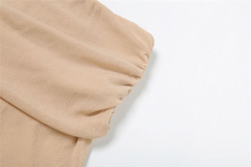 Holiday Escape: Chic Nude Halter Ruched Crop Top & Sheer Maxi Skirt Set