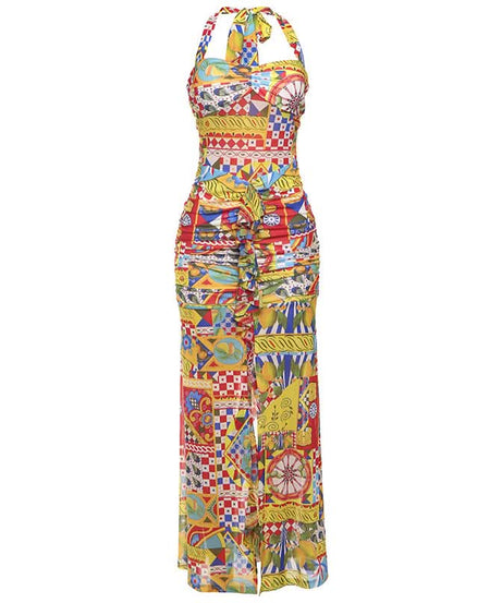 Vibrant Global Print Halter Maxi Dress - High Slit Ruched Style for Winter Sun & Resort Escapes