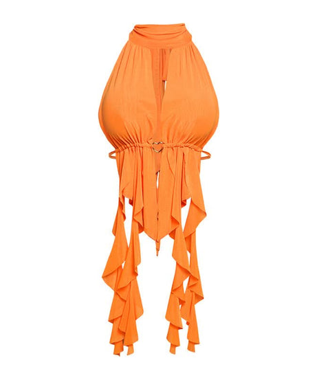 Siren Orange Draped Halter Top – Ruched Cut-Out Style for Fall Getaways & Glamorous Parties