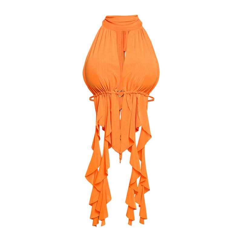 Siren Orange Draped Halter Top – Ruched Cut-Out Style for Fall Getaways & Glamorous Parties