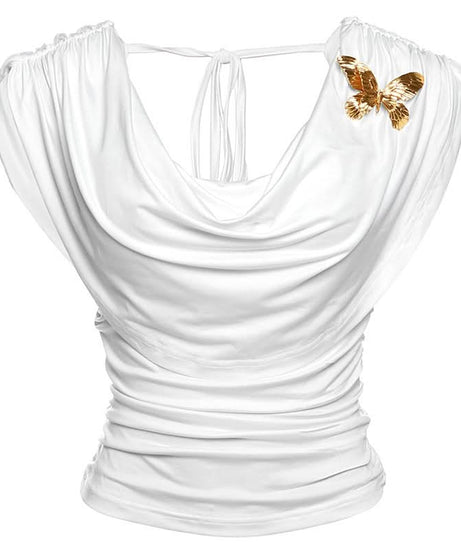 Effortless Chic: White Butterfly Ruched Cowl Neck Top – Perfect for Fall Style & Beyond