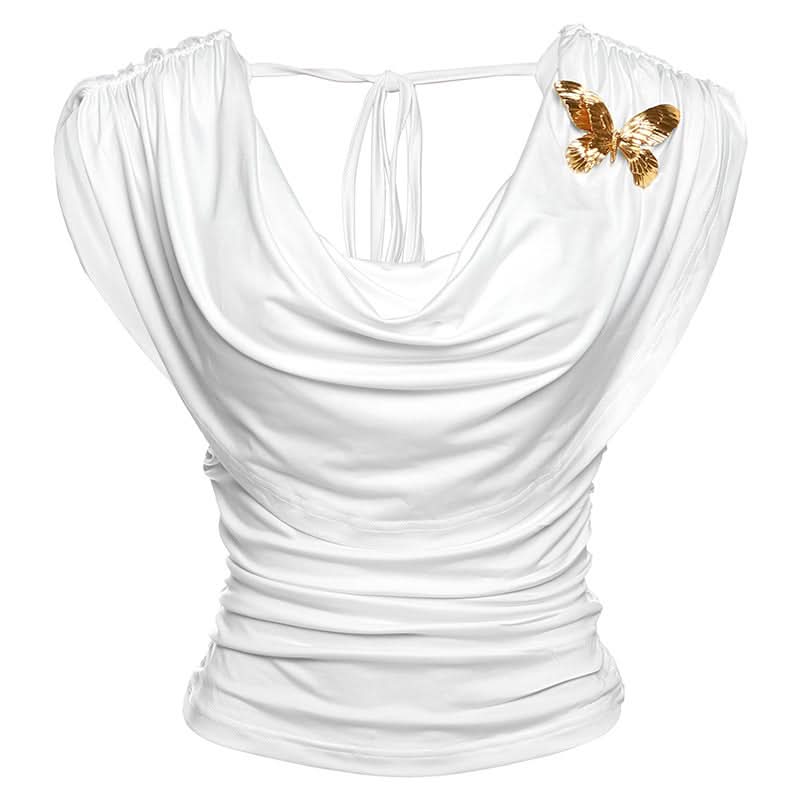 Effortless Chic: White Butterfly Ruched Cowl Neck Top – Perfect for Fall Style & Beyond