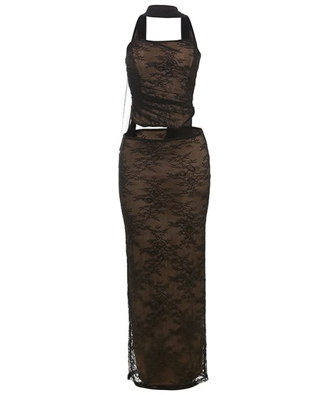 Sultry Black Lace Halter Cutout Maxi Skirt Set - Fall Evening & Holiday Ready