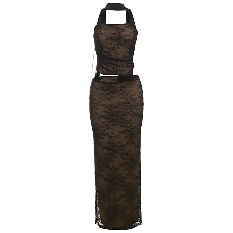 Sultry Black Lace Halter Cutout Maxi Skirt Set - Fall Evening & Holiday Ready