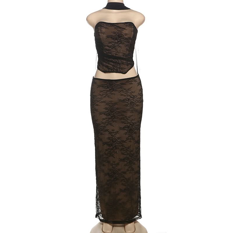 Sultry Black Lace Halter Cutout Maxi Skirt Set - Fall Evening & Holiday Ready
