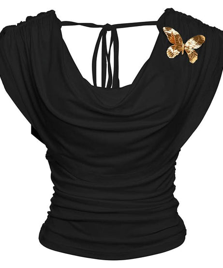 Effortless Chic: White Butterfly Ruched Cowl Neck Top – Perfect for Fall Style & Beyond