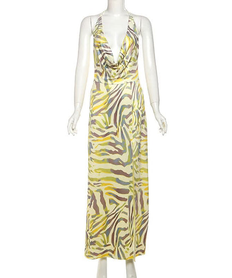Effortless Chic Halter Cowl Neck Maxi Dress - Vibrant Zebra Print for Your Fall Getaway & Resort Escape