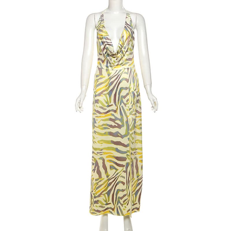 Effortless Chic Halter Cowl Neck Maxi Dress - Vibrant Zebra Print for Your Fall Getaway & Resort Escape