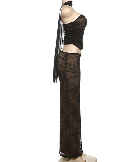 Sultry Black Lace Halter Cutout Maxi Skirt Set - Fall Evening & Holiday Ready