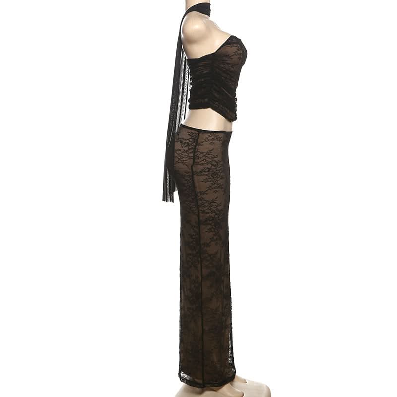 Sultry Black Lace Halter Cutout Maxi Skirt Set - Fall Evening & Holiday Ready