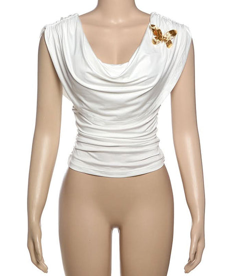 Effortless Chic: White Butterfly Ruched Cowl Neck Top – Perfect for Fall Style & Beyond