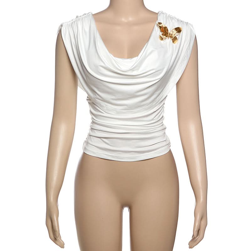 Effortless Chic: White Butterfly Ruched Cowl Neck Top – Perfect for Fall Style & Beyond