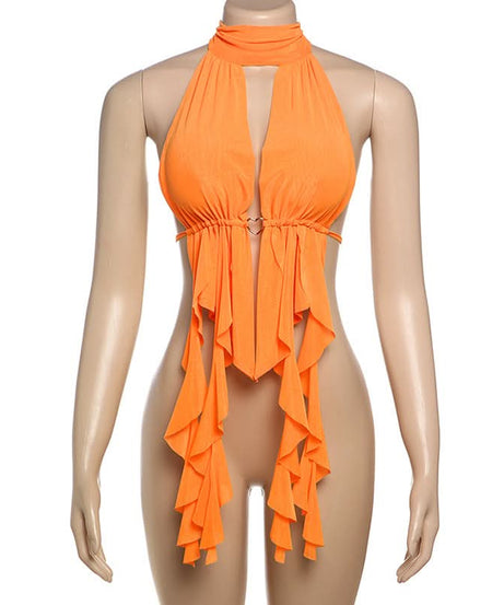 Siren Orange Draped Halter Top – Ruched Cut-Out Style for Fall Getaways & Glamorous Parties