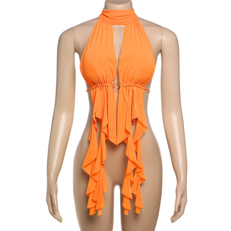 Siren Orange Draped Halter Top – Ruched Cut-Out Style for Fall Getaways & Glamorous Parties