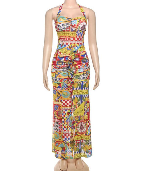 Vibrant Global Print Halter Maxi Dress - High Slit Ruched Style for Winter Sun & Resort Escapes
