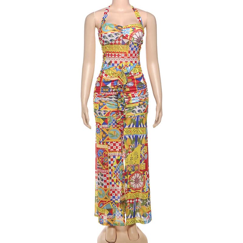 Vibrant Global Print Halter Maxi Dress - High Slit Ruched Style for Winter Sun & Resort Escapes