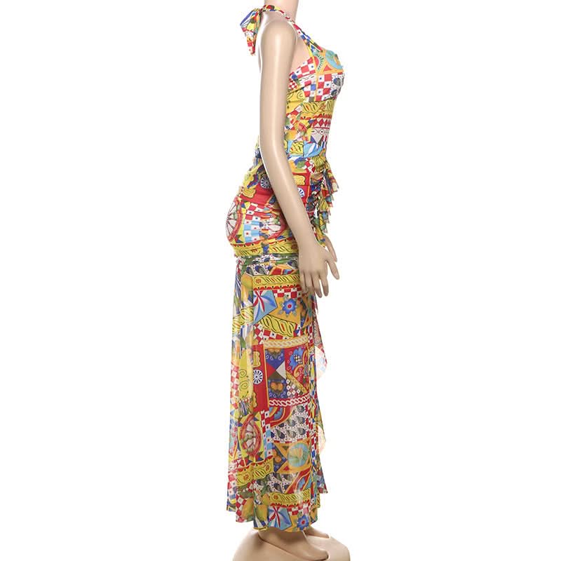 Vibrant Global Print Halter Maxi Dress - High Slit Ruched Style for Winter Sun & Resort Escapes