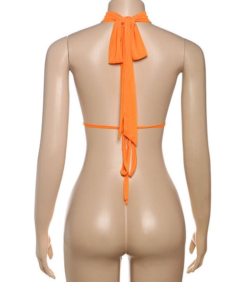 Siren Orange Draped Halter Top – Ruched Cut-Out Style for Fall Getaways & Glamorous Parties