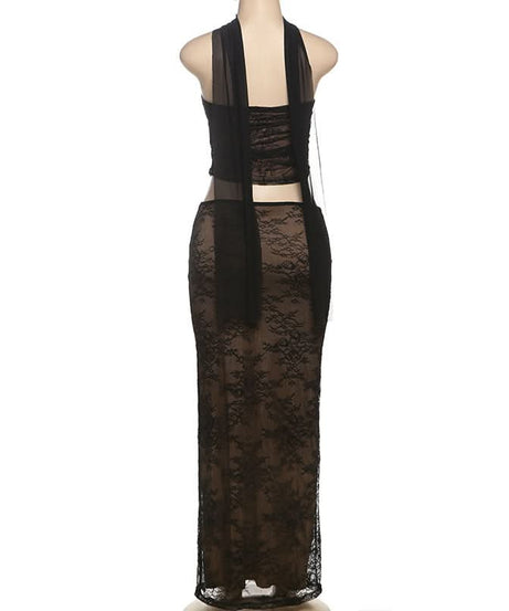 Sultry Black Lace Halter Cutout Maxi Skirt Set - Fall Evening & Holiday Ready