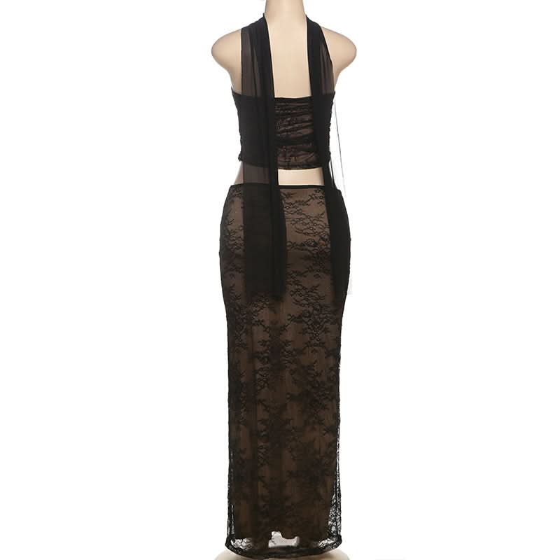 Sultry Black Lace Halter Cutout Maxi Skirt Set - Fall Evening & Holiday Ready