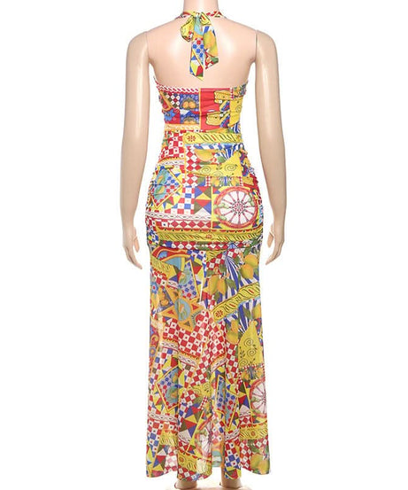 Vibrant Global Print Halter Maxi Dress - High Slit Ruched Style for Winter Sun & Resort Escapes