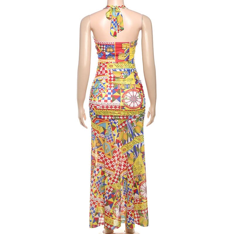Vibrant Global Print Halter Maxi Dress - High Slit Ruched Style for Winter Sun & Resort Escapes