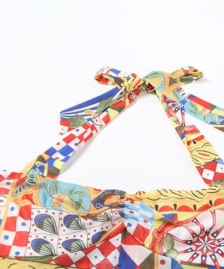 Vibrant Global Print Halter Maxi Dress - High Slit Ruched Style for Winter Sun & Resort Escapes