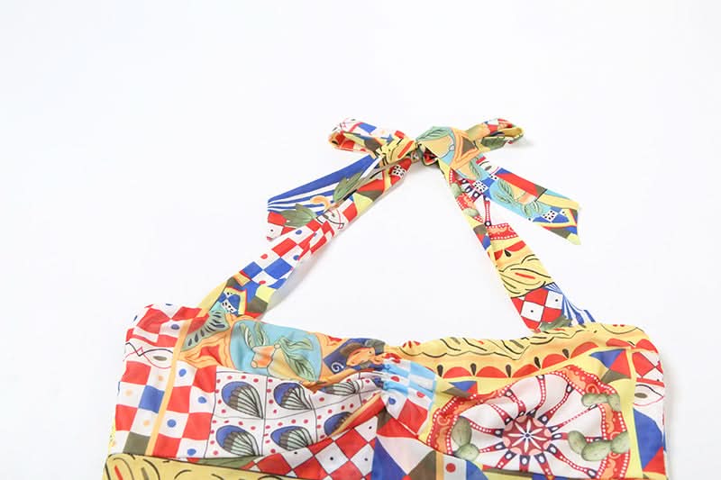 Vibrant Global Print Halter Maxi Dress - High Slit Ruched Style for Winter Sun & Resort Escapes