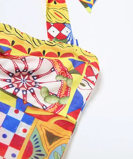 Vibrant Global Print Halter Maxi Dress - High Slit Ruched Style for Winter Sun & Resort Escapes