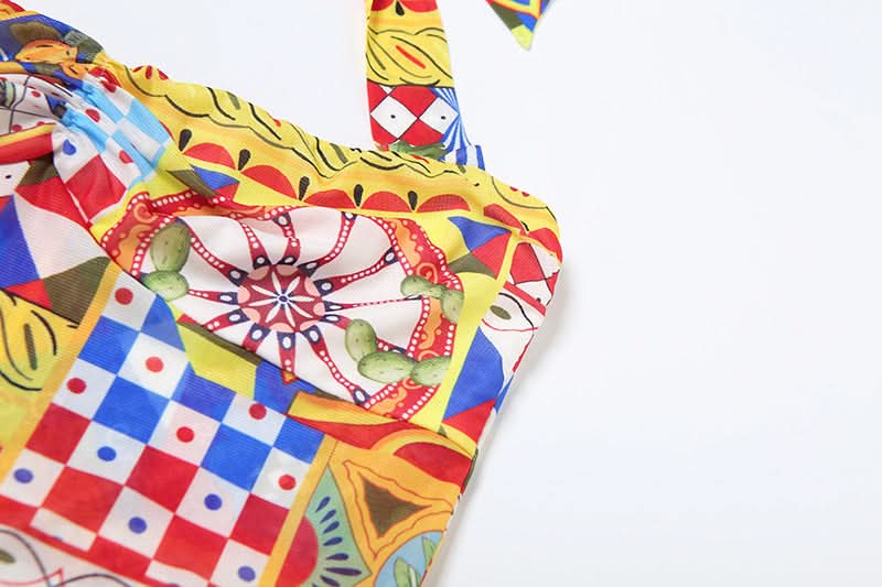 Vibrant Global Print Halter Maxi Dress - High Slit Ruched Style for Winter Sun & Resort Escapes