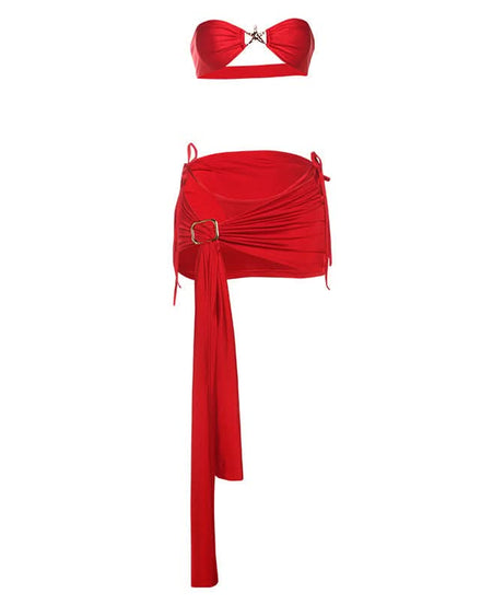 Red Hot Ruched Two-Piece Set: Strapless Bandeau Top & Dramatic Tie Mini Skirt - Your Holiday & Party Statement